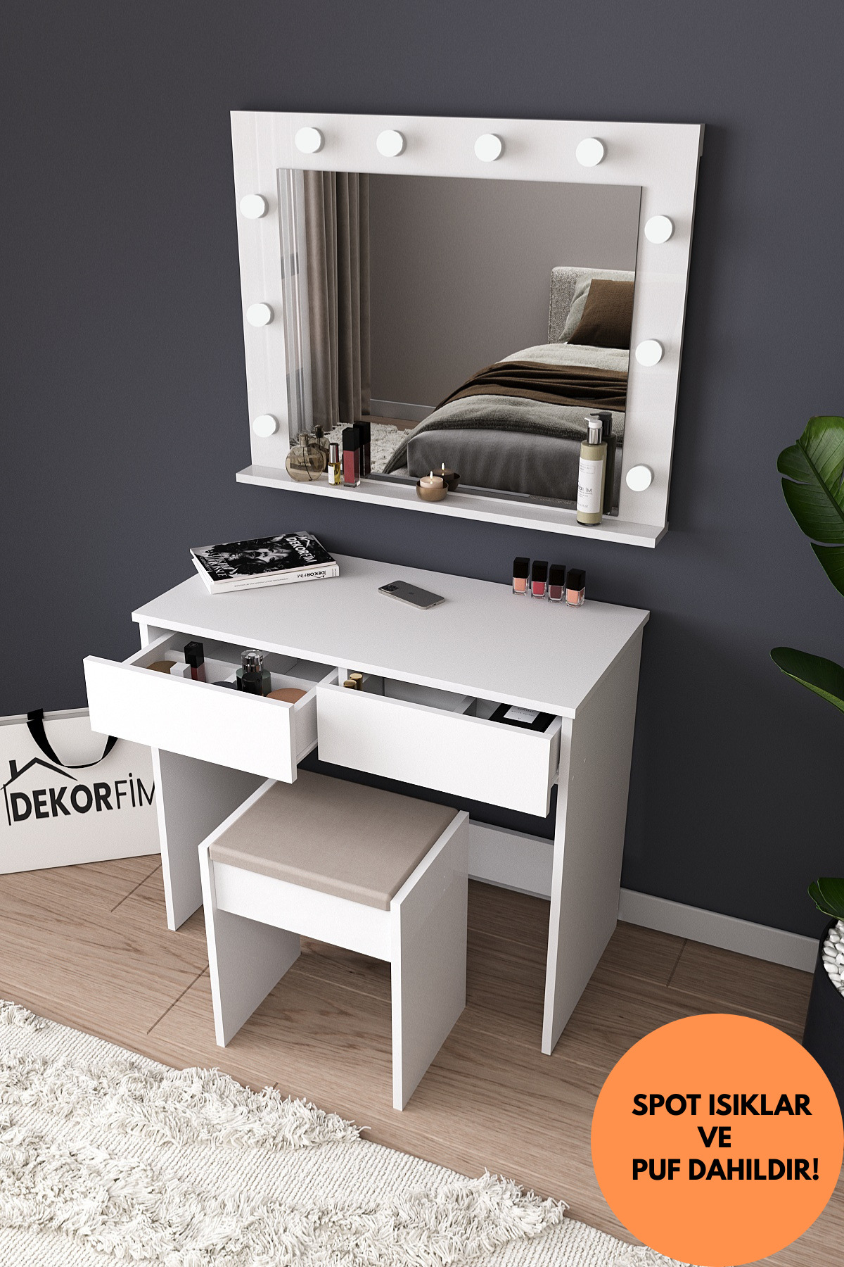 Coiffeuse avec miroir et éclairage LED, tabouret, tiroirs compartimentés pour cosmétiques