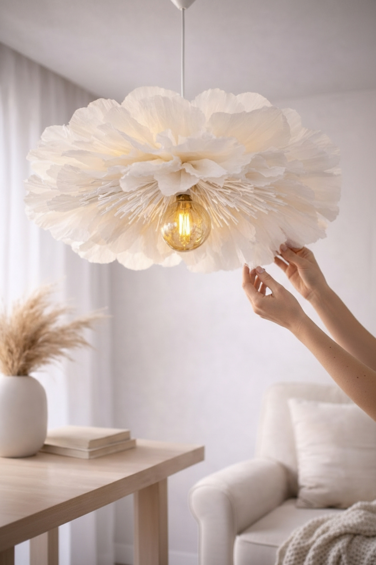 Lumi Bloom Abat-jour de fleurs fait main en papier crêpon italien blanc, éclairage pour salon et chambre