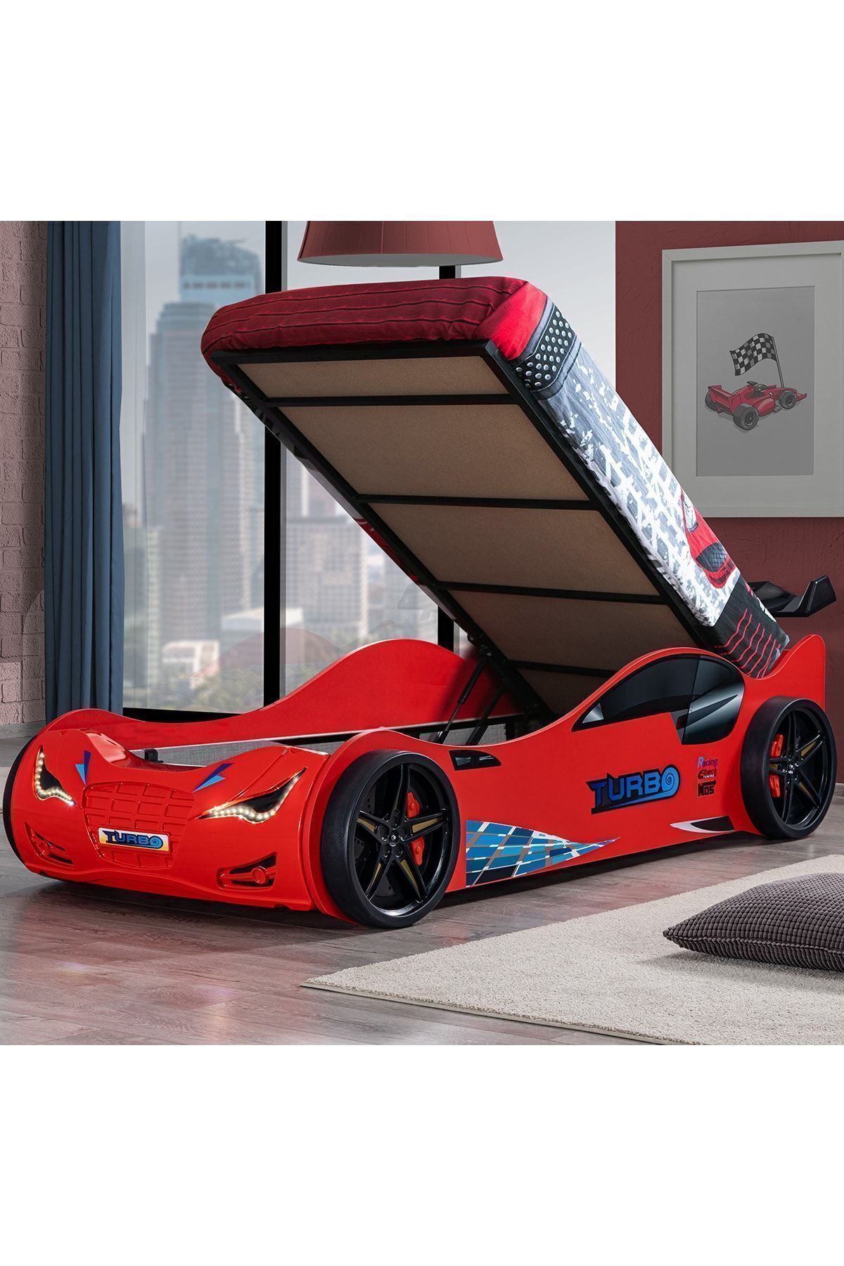 Lit avec voiture, lit voiture avec sommier superposé et barrières, avec LED - Rouge 1 matelas Comfort