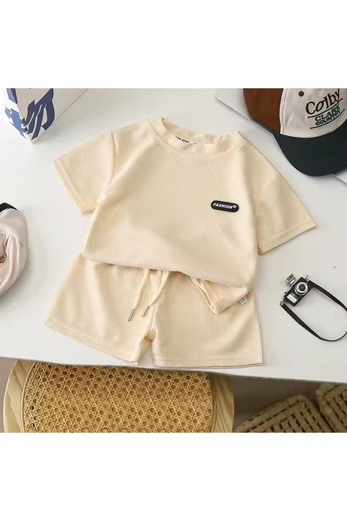 Ensemble d'été Waffle Fashion avec short 6 mois - 3 ans Beige clair
