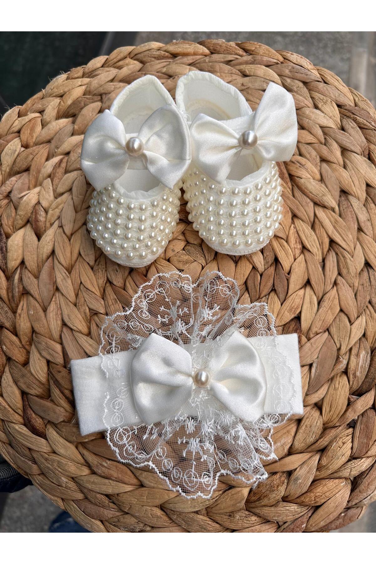 Ensemble de bandeau et chaussons pour bébé fille avec détail nœud, chaussons brillants avec perles et dentelle,  cm, chaussons de luxe avec scratchs, pour cadeau