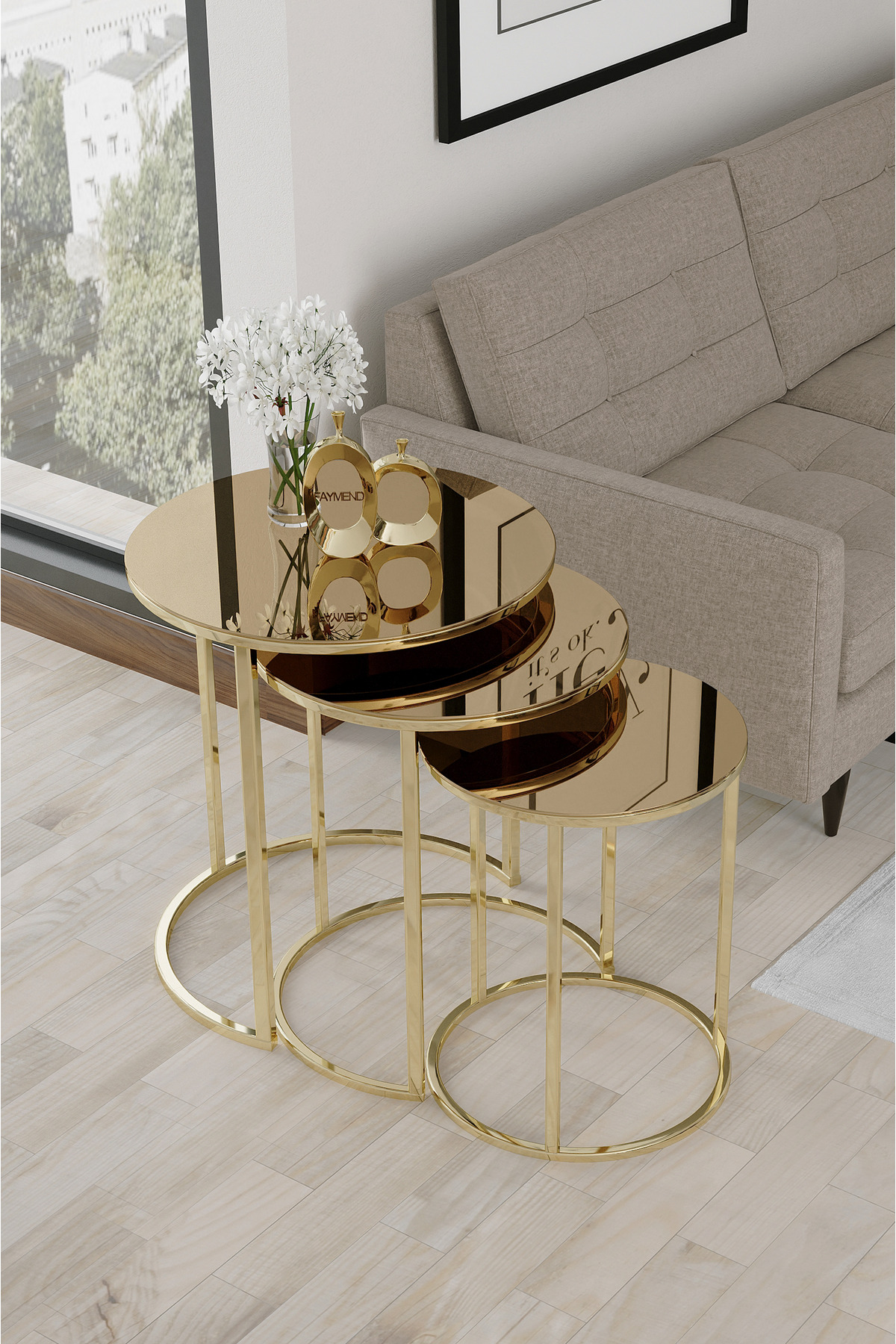 Table gigogne avec miroir doré et bronze