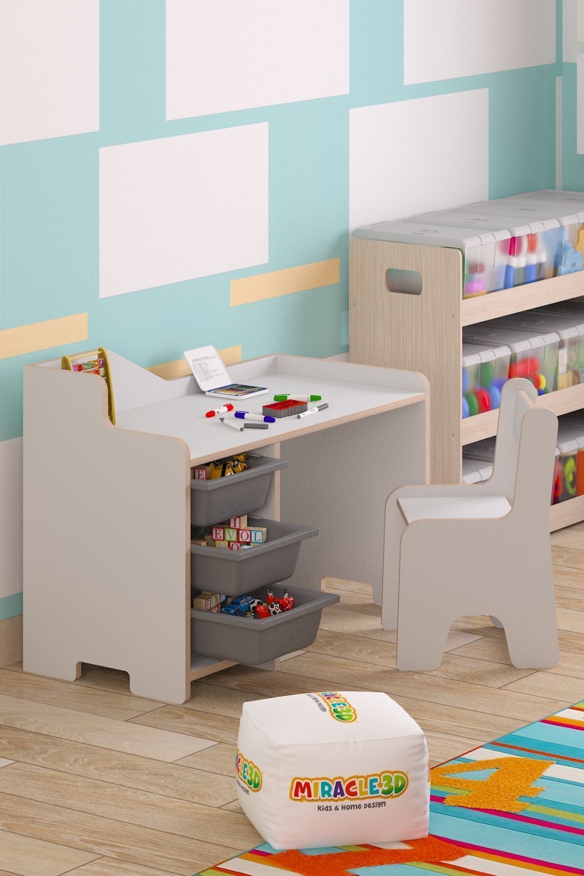 Bureau d'étude pour enfant Cm avec 3 paniers et chaise avec dossier pour enfant