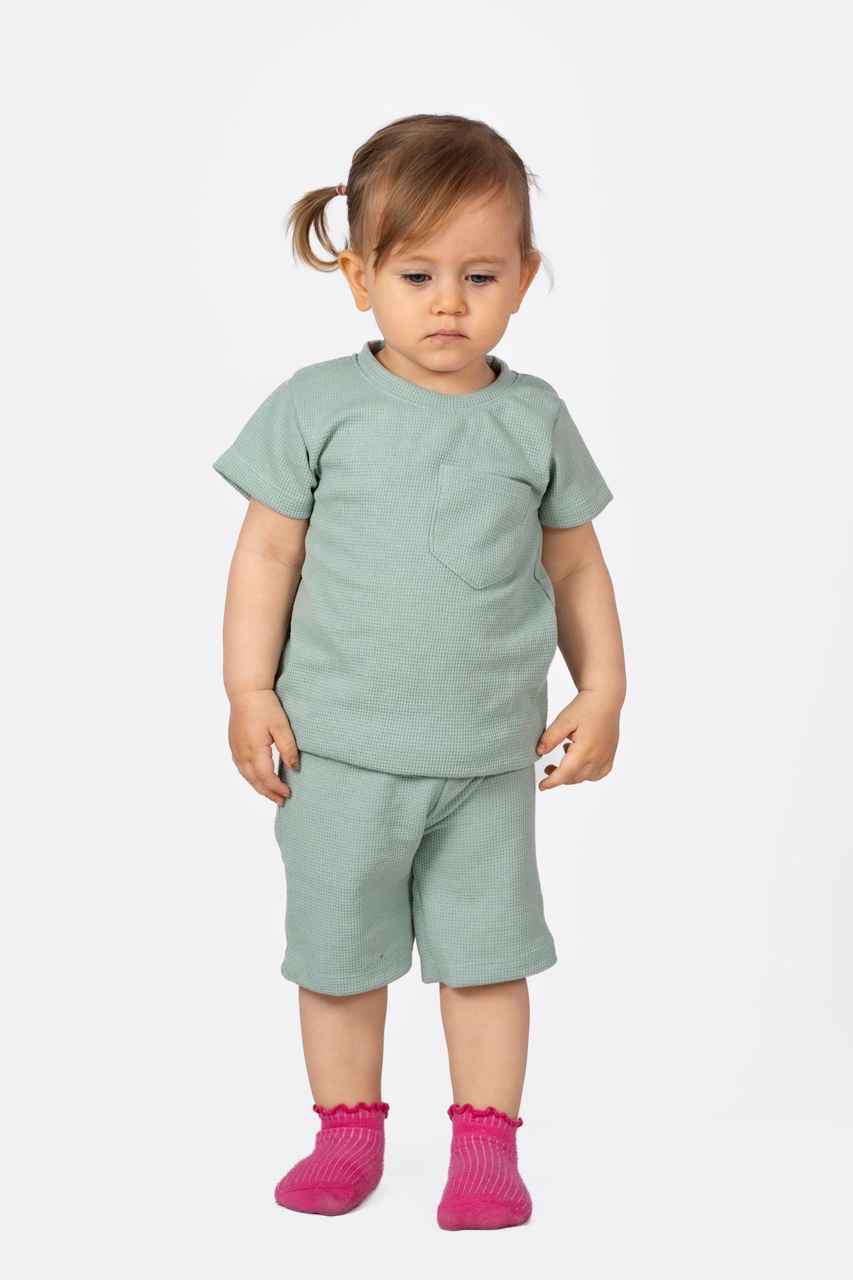 Ensemble d'été 2 pièces en tissu gaufré en coton avec détails de poche