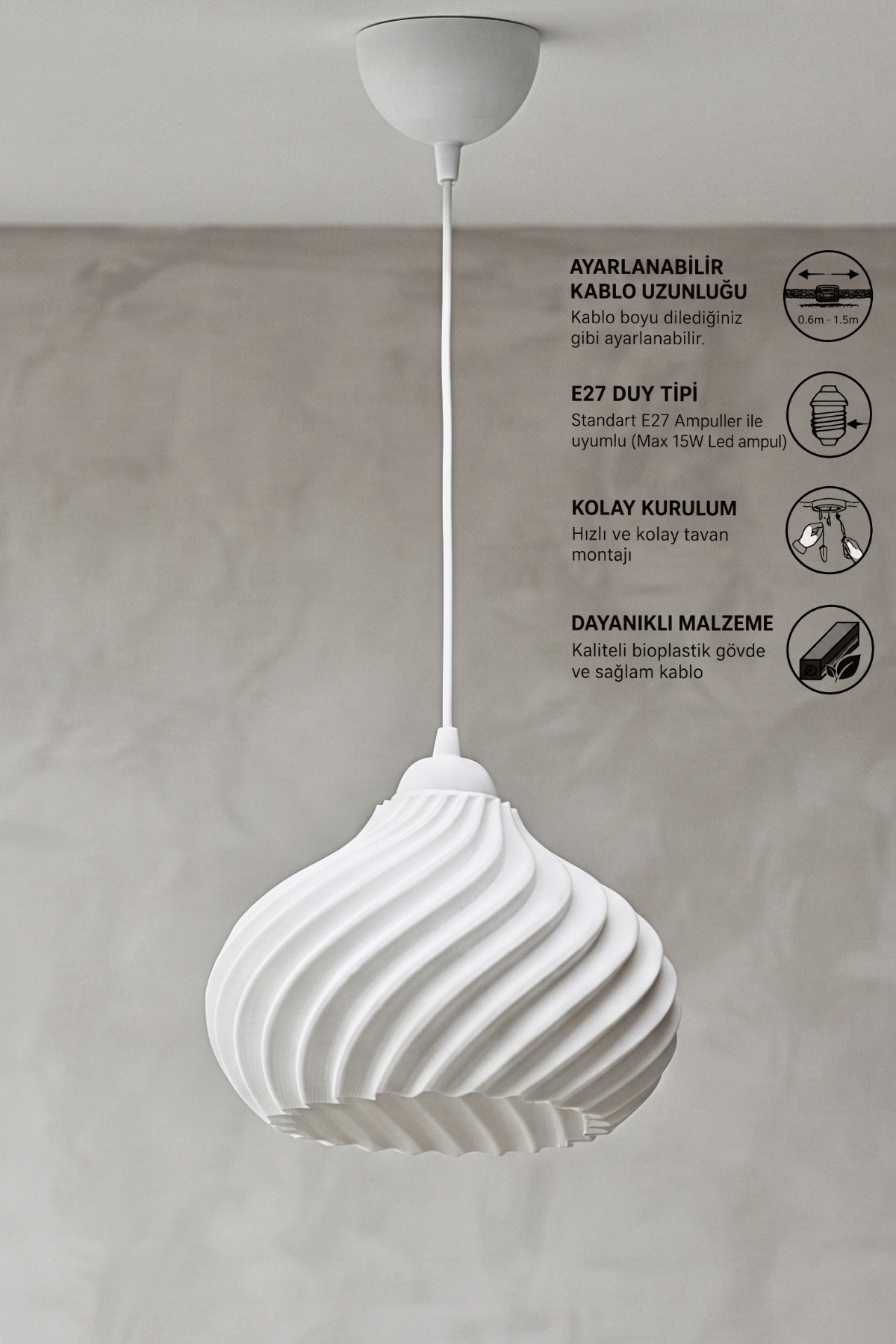 Suspension simple Yummy à motif ondulé blanc, style moderne, cuisine, salon, chambre à coucher (Bioplastique) 