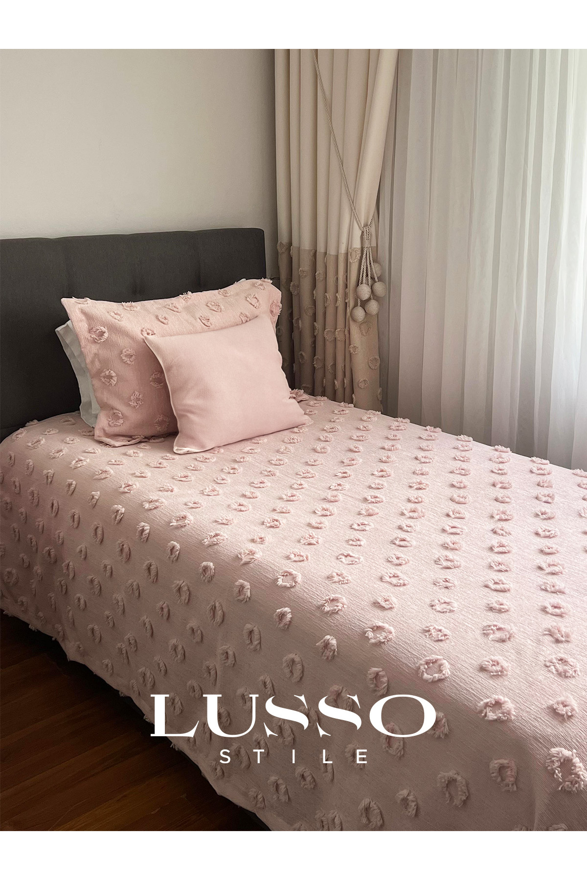 Housse de lit une place Pompon Poudre  et 1 Oreiller Simple