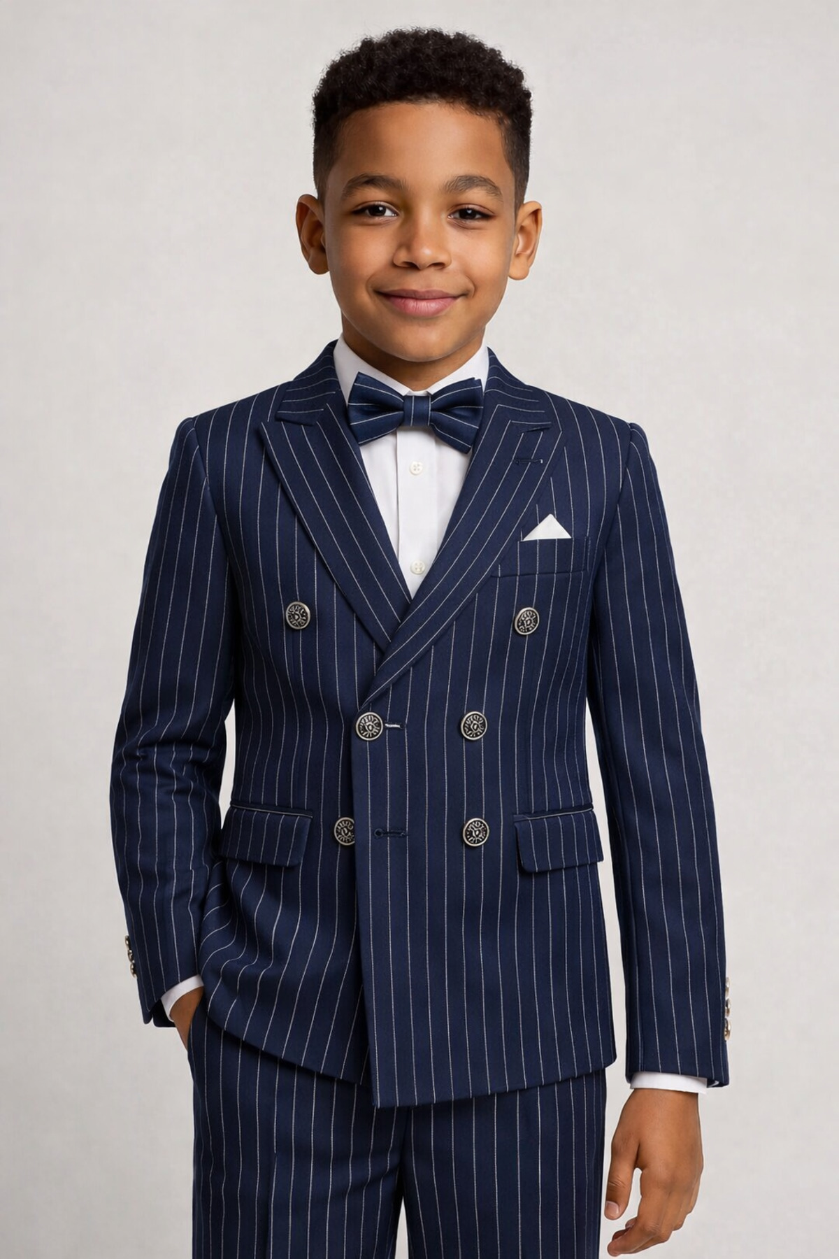 Ensemble de costume pour garçon avec veste à rayures, chemise, pantalon et nœud papillon