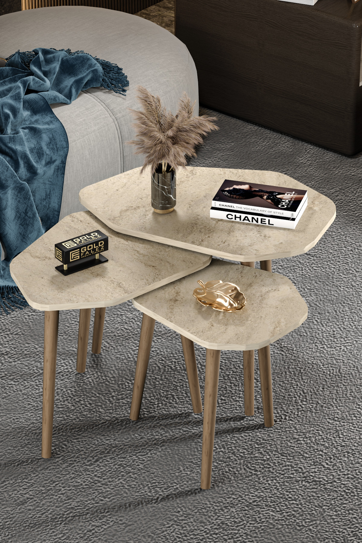 Table gigogne 3 pièces Trio Table d'appoint en bois Table basse Travertin