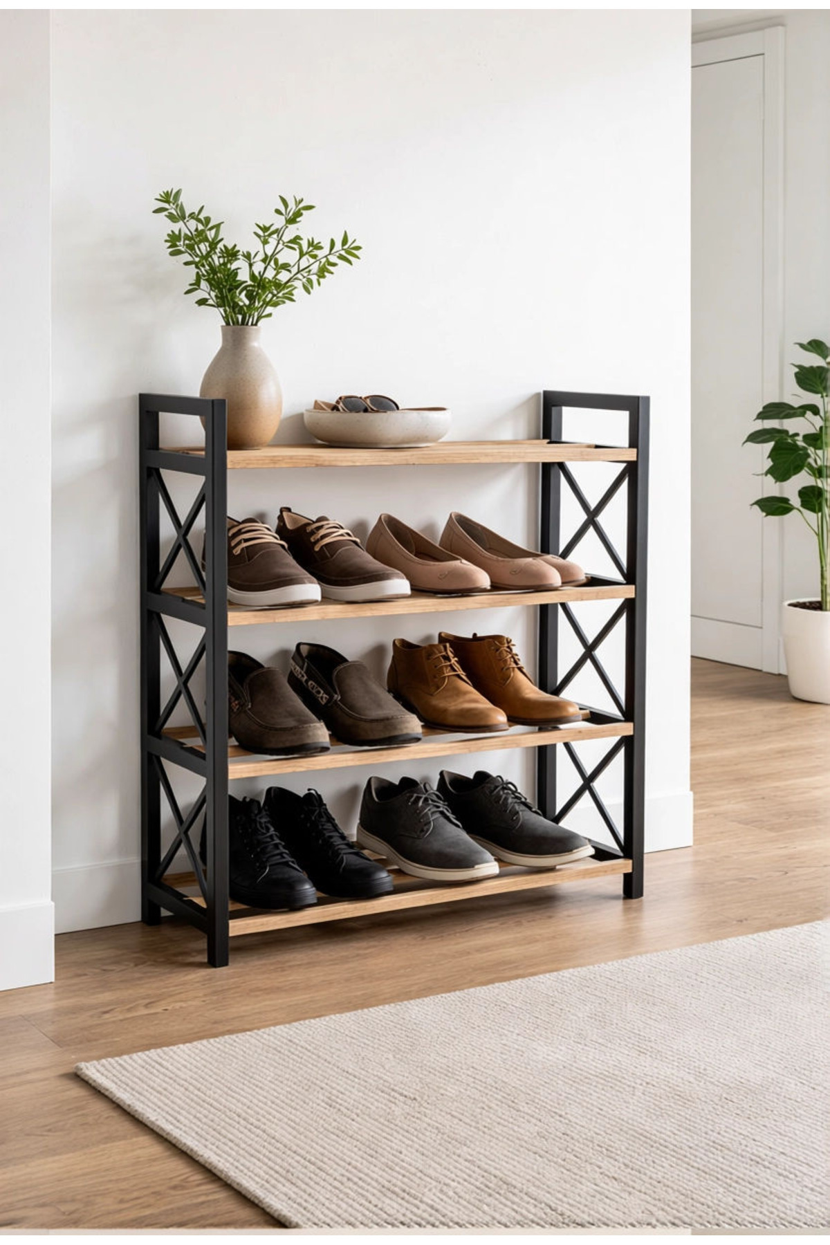 MEUBLE À CHAUSSURES DÉCORATIF EN BOIS MASSIF AVEC 3 BARRES ET 4 ÉTAGES (PAS EN MDF, le MDF se casse facilement !!!)