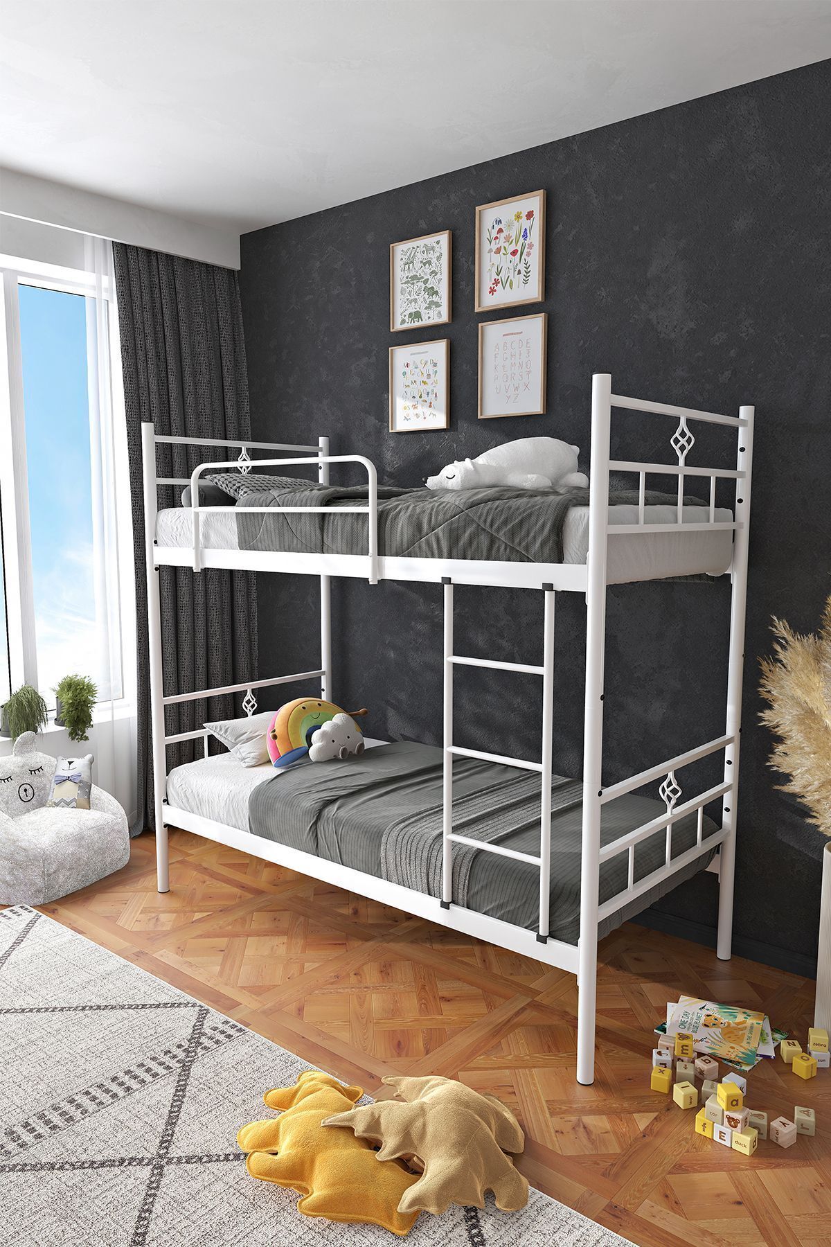 Lit superposé en métal blanc détachable Koza Ranza compatible avec matelas 