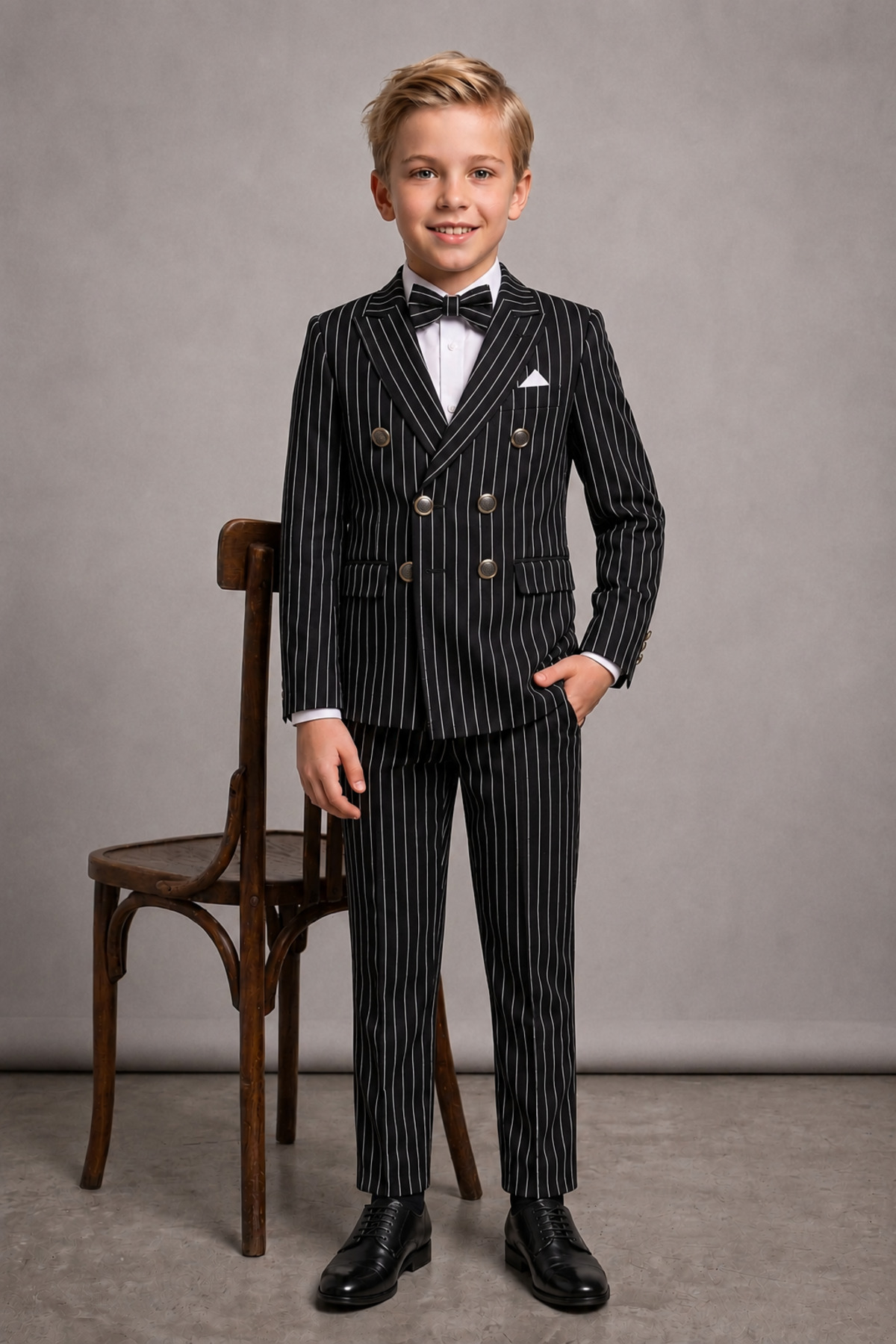 Ensemble de costume pour garçon avec veste à rayures, chemise, pantalon et nœud papillon
