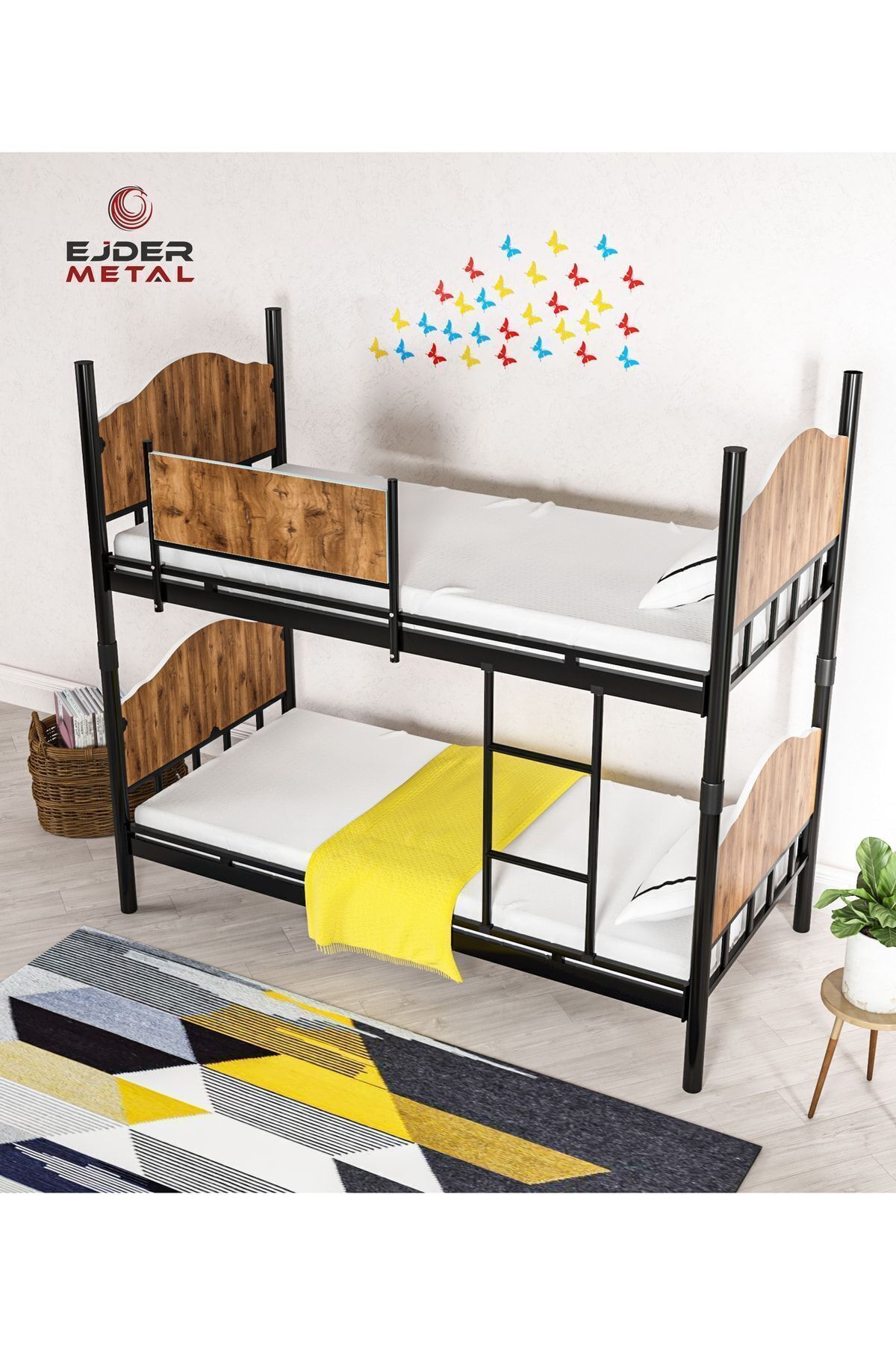 Lit superposé métal et bois Noir-noix (SANS MATELAS)