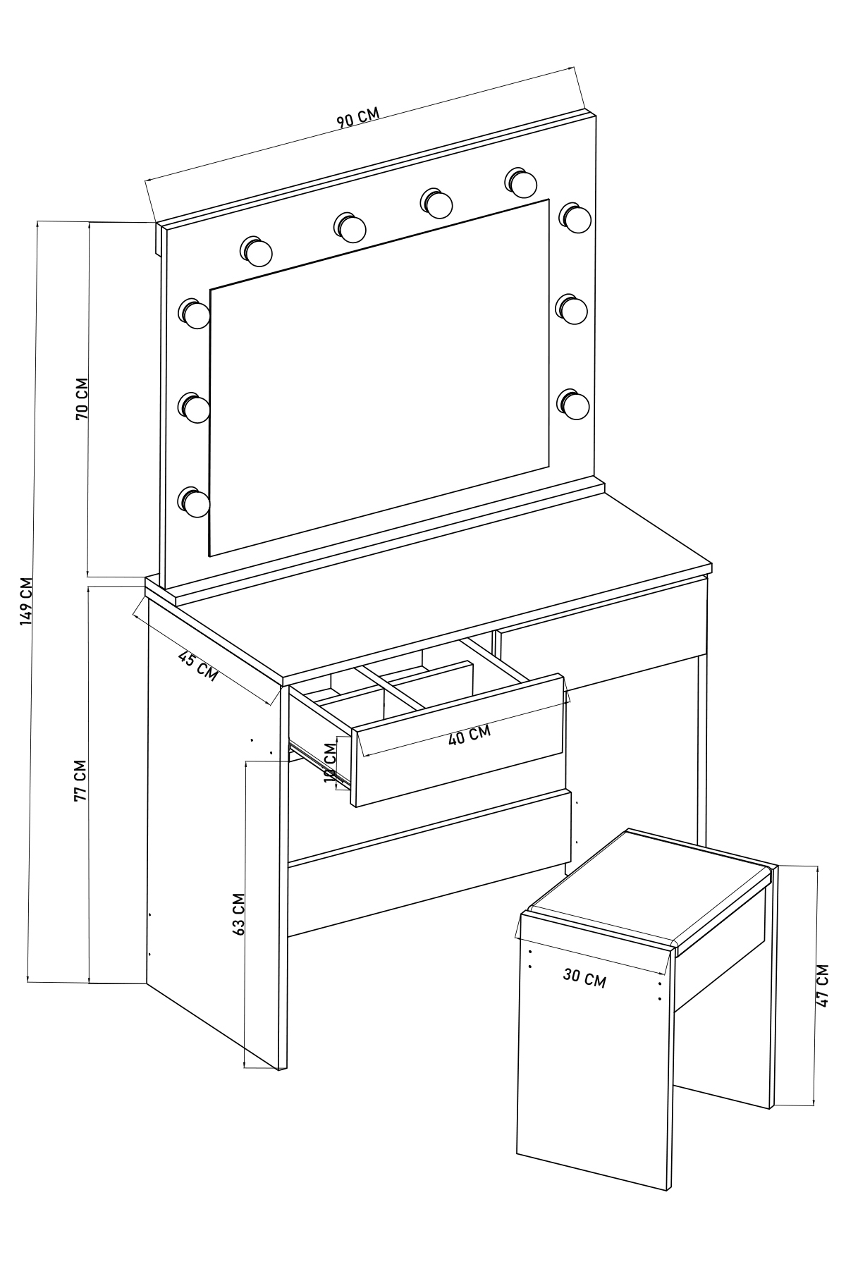 Coiffeuse avec miroir et éclairage LED, tabouret, tiroirs compartimentés pour cosmétiques