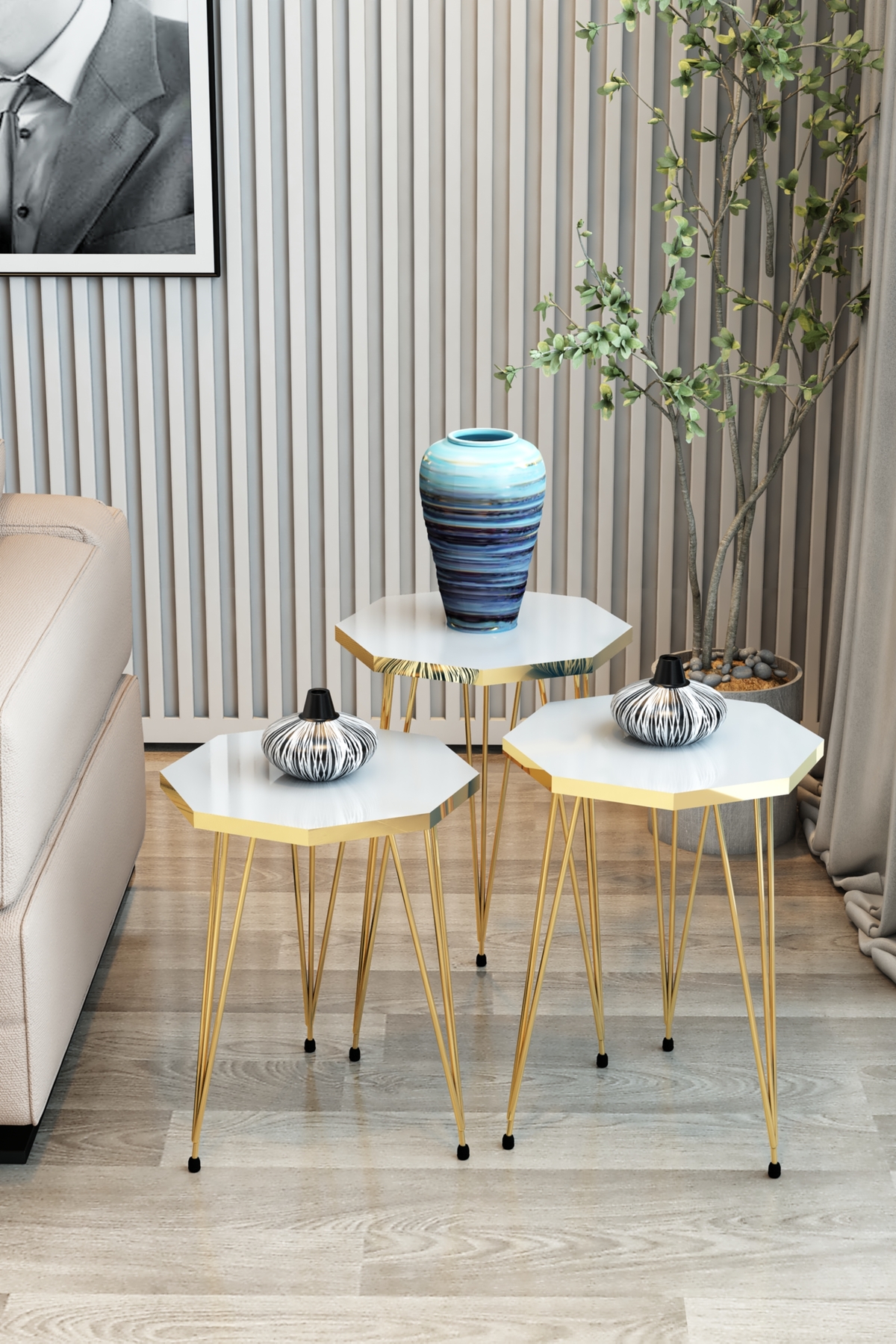 Table d'appoint en lot de 3 série Gold modèle hexagonal table d'appoint pieds en fil métallique