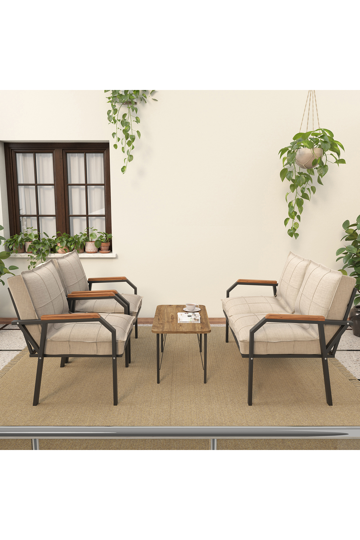 Hayal Balcon, Jardin, Café, Ensemble de Canapés en Métal, Meubles de Jardin,  avec Table Basse - Crème