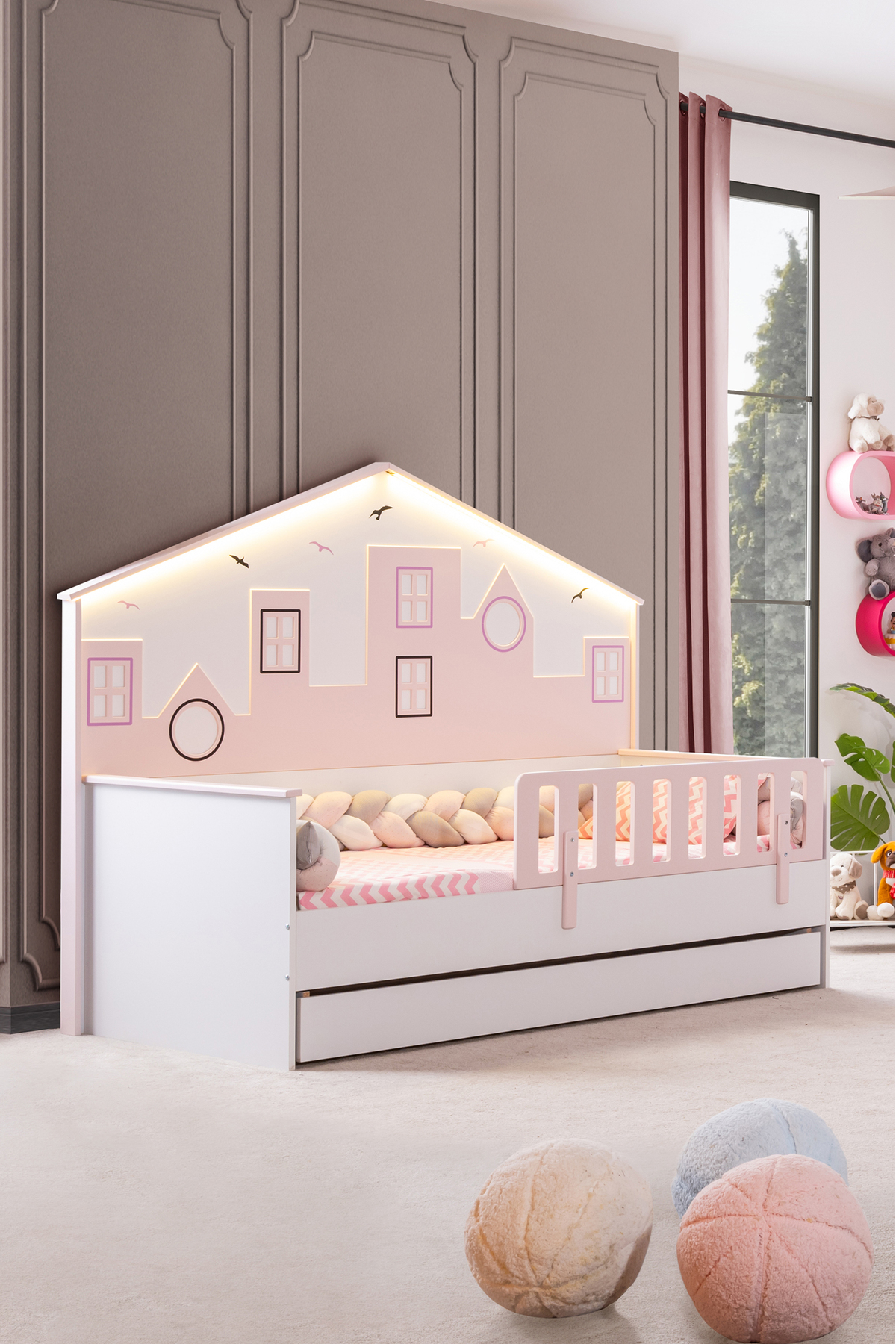 Lit Montessori pour enfant avec tiroir, Lit Montessori City pour enfant avec panneau et barrière - Rose