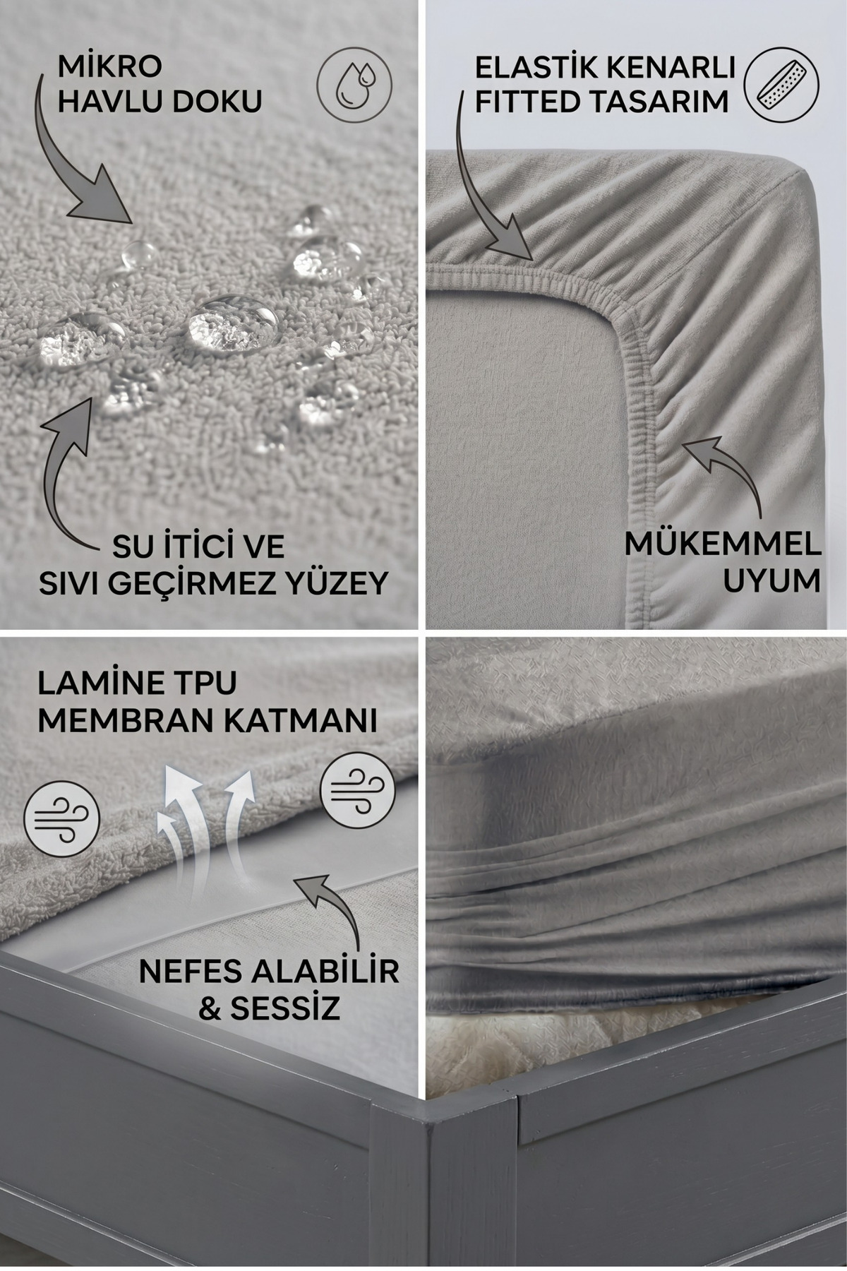 Protege-matelas imperméable à liquides gris classique en microfibre, ajusté, bord complet, pour bébé - simple, double, grand lit
