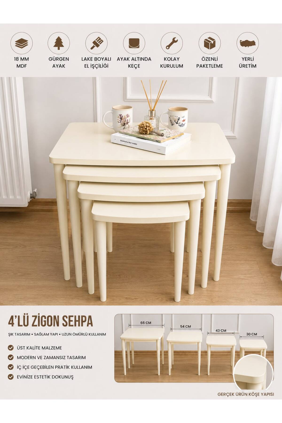 Concept Başaran Table d'appoint gigogne 4 pièces en MDF peint de qualité supérieure, crème