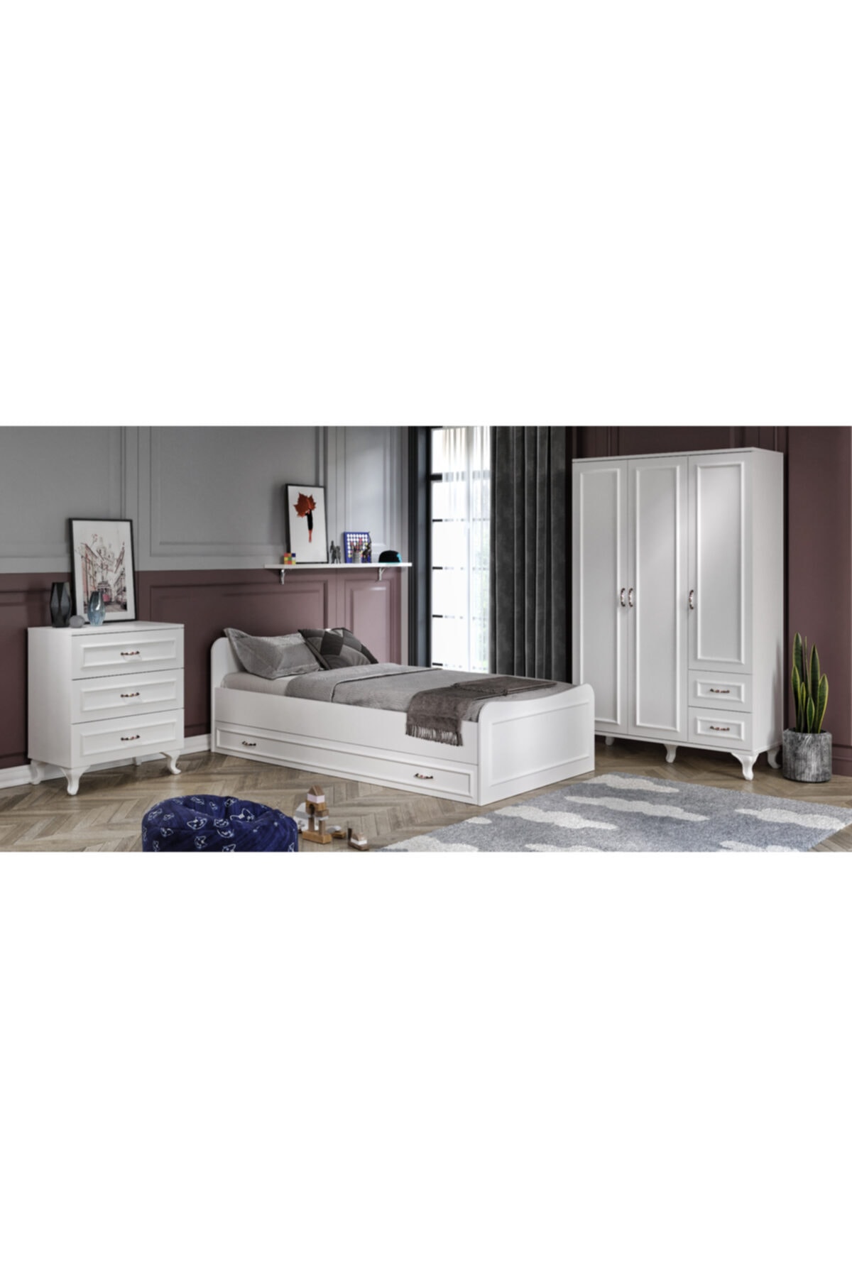 Ensemble de chambre Kartopu Country - Armoire à 3 portes, Lit superposé, Commode à 3 tiroirs, entièrement en MDF
