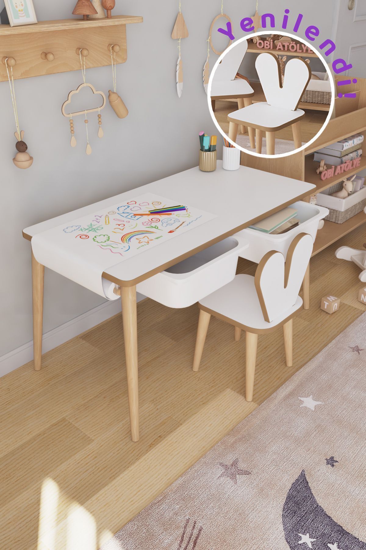 Table d'activité avec rouleau de papier à dessin, ensemble table et chaises lapin pour enfants
