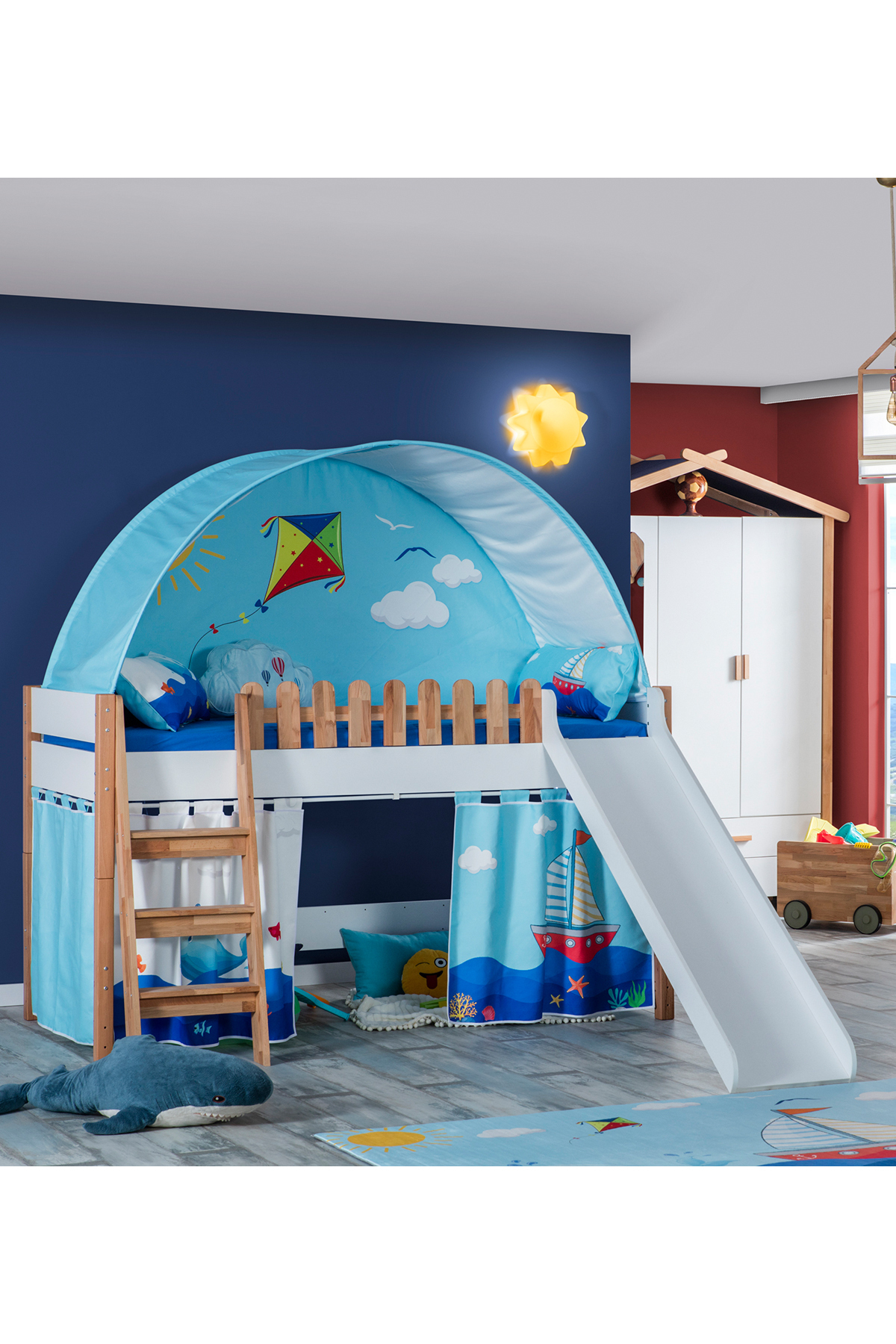 Ensemble Montessori pour Chambre d'Enfant My House avec Lit Superposé à Toboggan et Maison de Jeu Bleue
