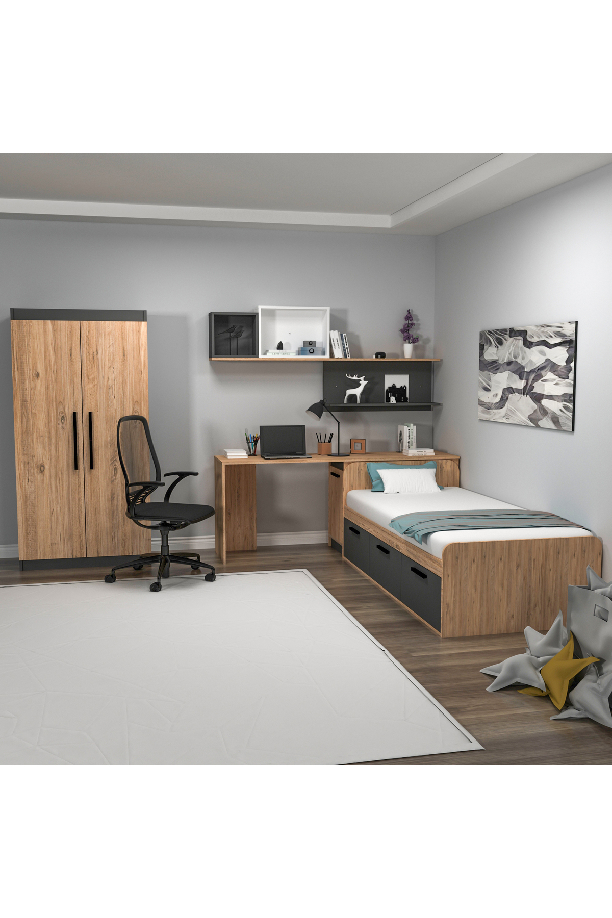 Chambre Jeune Akser Ensemble 4 pièces – Pin Atlantique Anthracite (Bureau, Lit, Armoire, Étagère Murale)