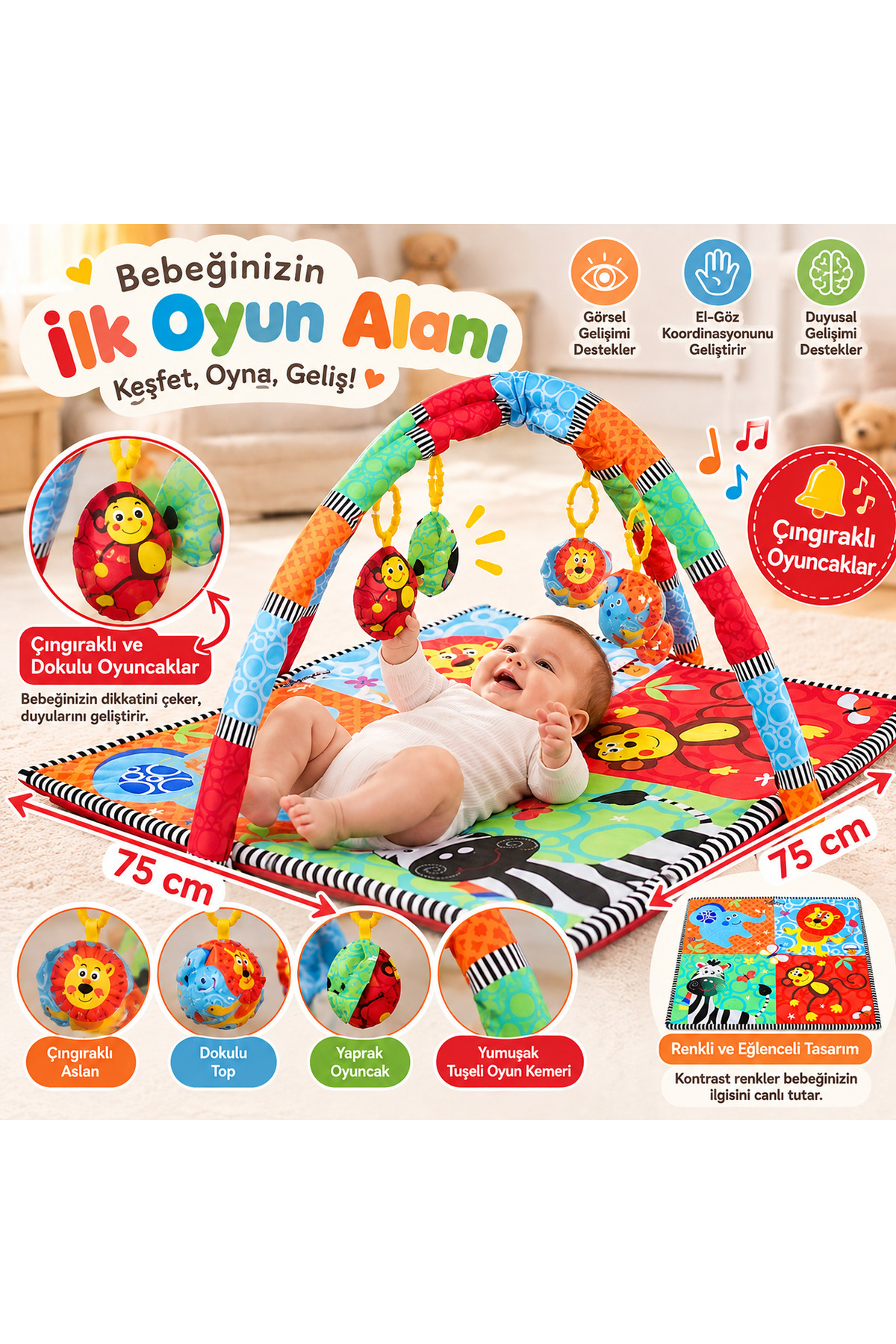 Tapis de jeu avec coussin et jouets pour bébé 