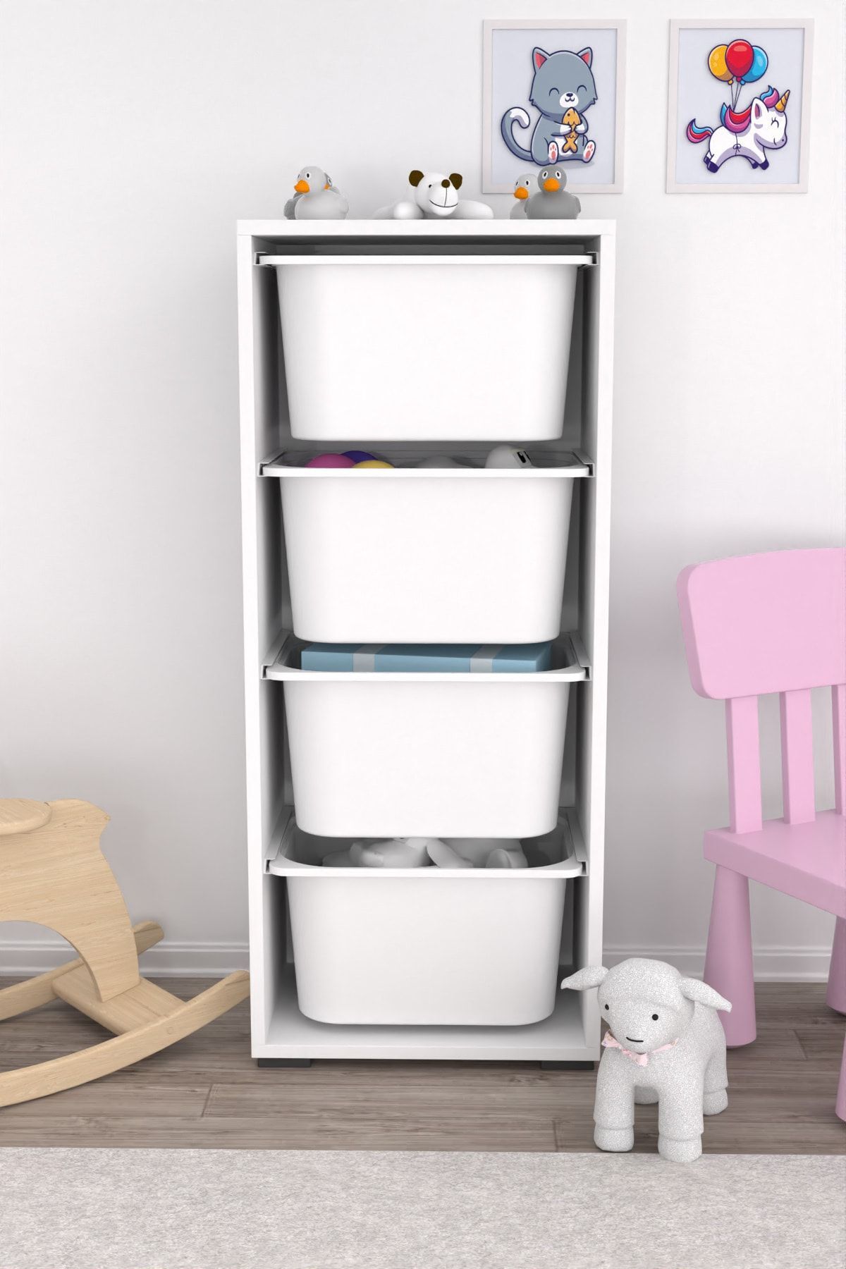 Armoire de jouets polyvalente avec 4 paniers profonds, placard de cuisine ou garde-manger, blanc