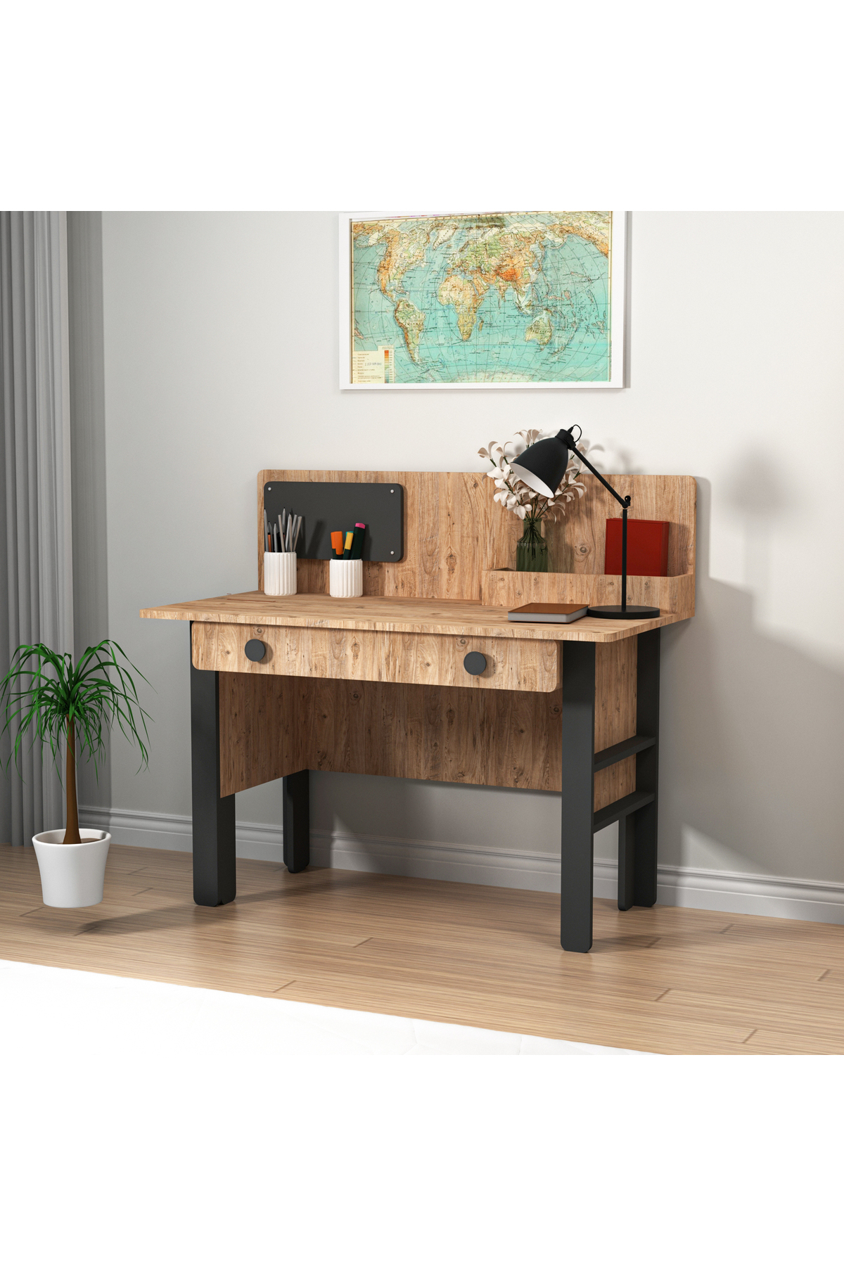 Ensemble de chambre d'enfant Valerin en pin Atlantique anthracite - Bureau, Lit, Bibliothèque, Armoire, Table de chevet