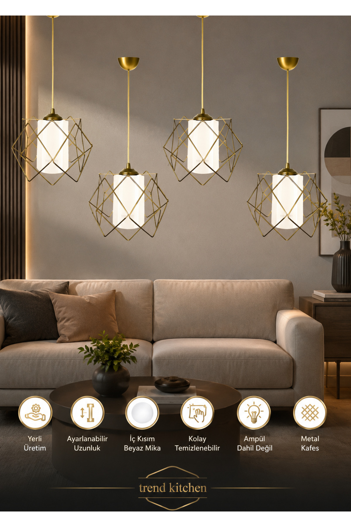 4 pièces Suspension Luminaire Tendances en Métal Blanc avec Verre Mica pour Salon, Cuisine, Salle de Bain, Chambre à Coucher, Doré