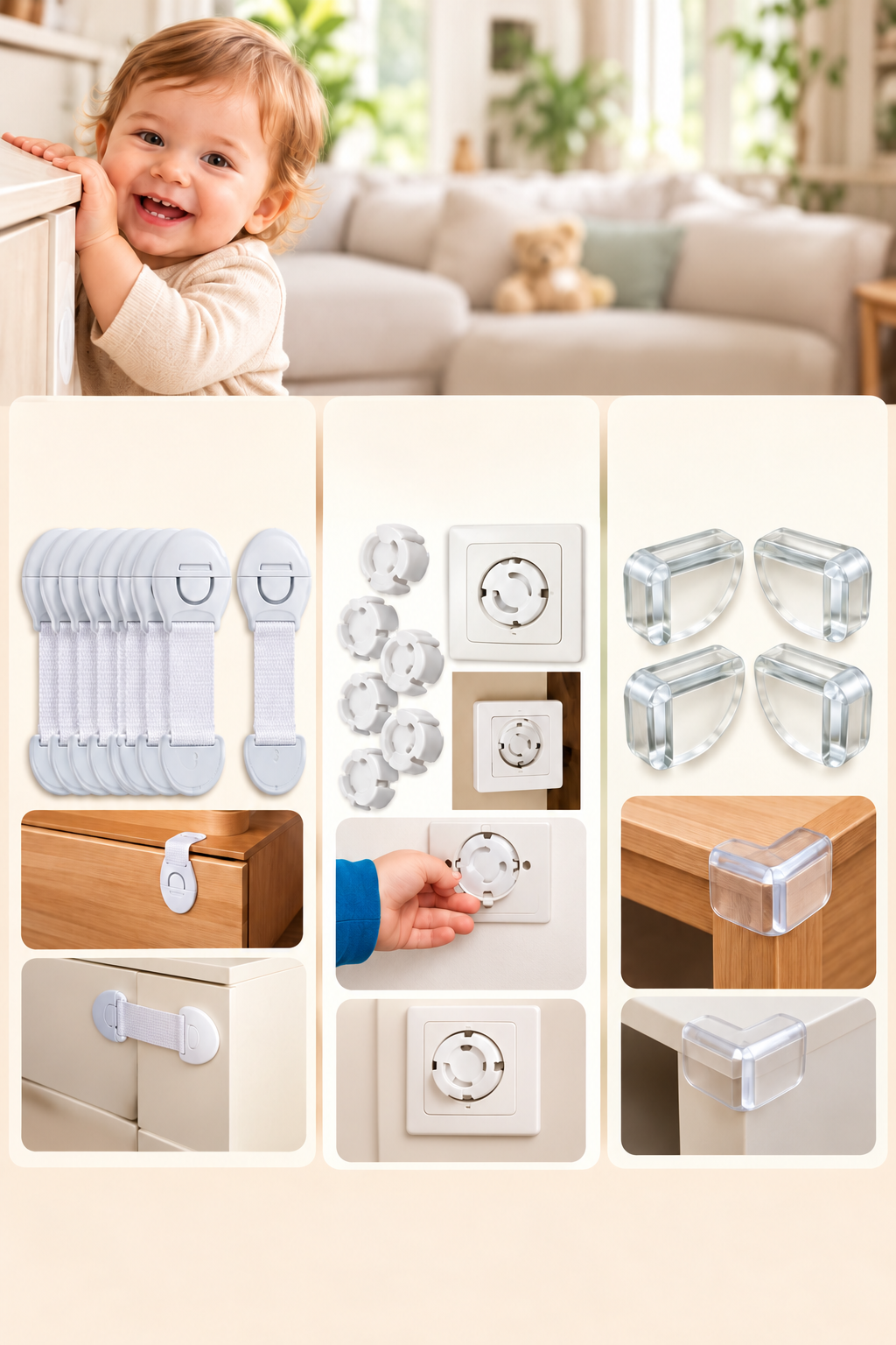 Ensemble de sécurité pour enfants et bébés,  serrures de tiroir, 4 protections d'angle, 6 protections de prise