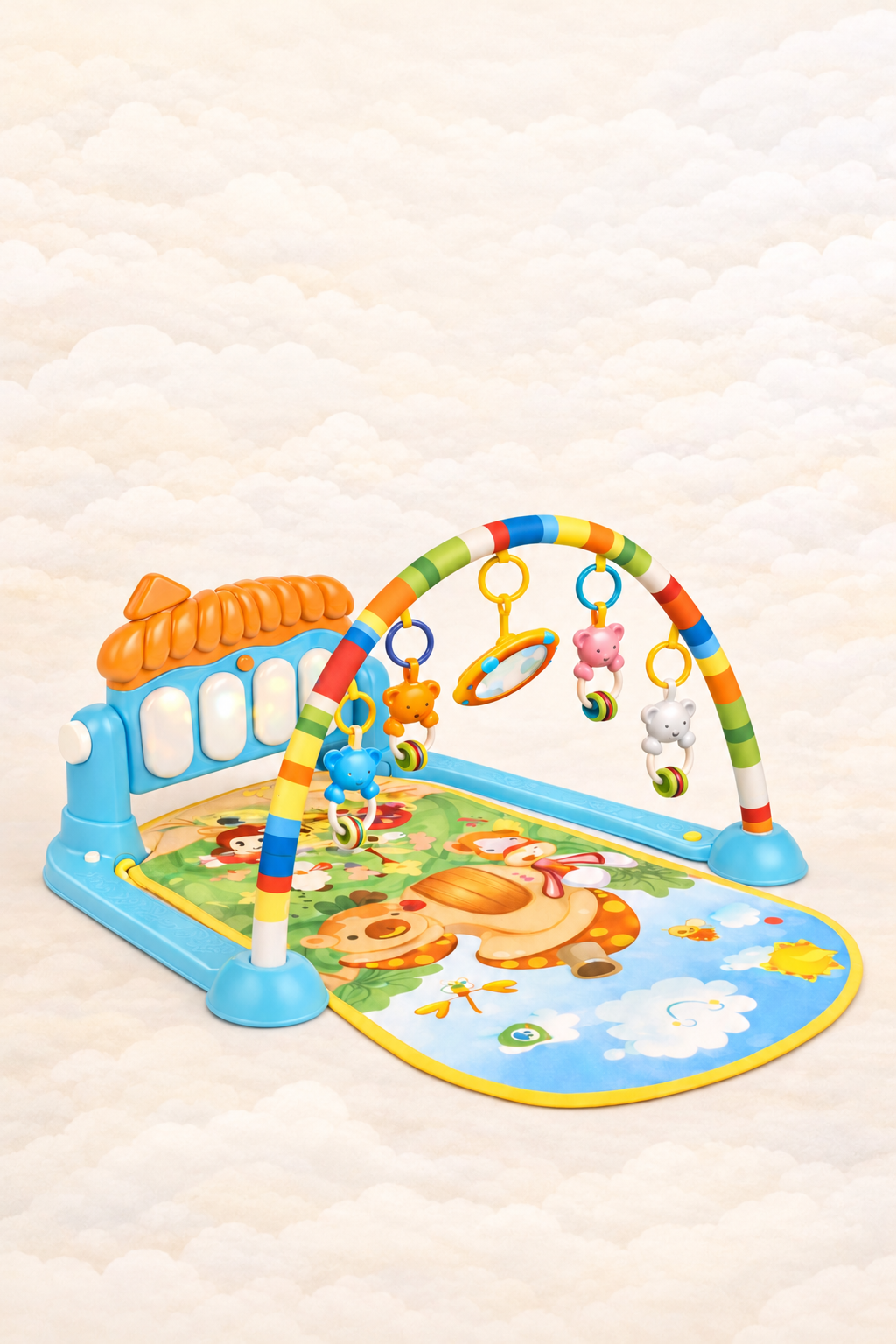 Tapis de jeu pour bébé avec motifs de champignons et piano – 0+ mois, tapis de développement lumineux et musical avec figures d'animaux