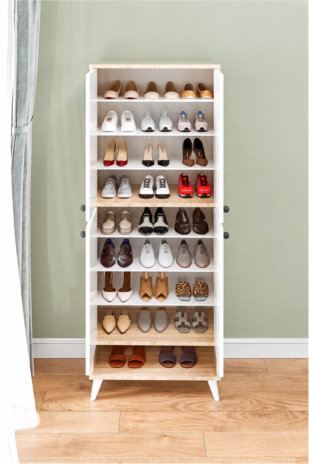 Meuble à chaussures  breveté Imaj Sonomo, 9 étagères, sur pieds, armoire multifonctionnelle à 4 portes, armoire de cellier