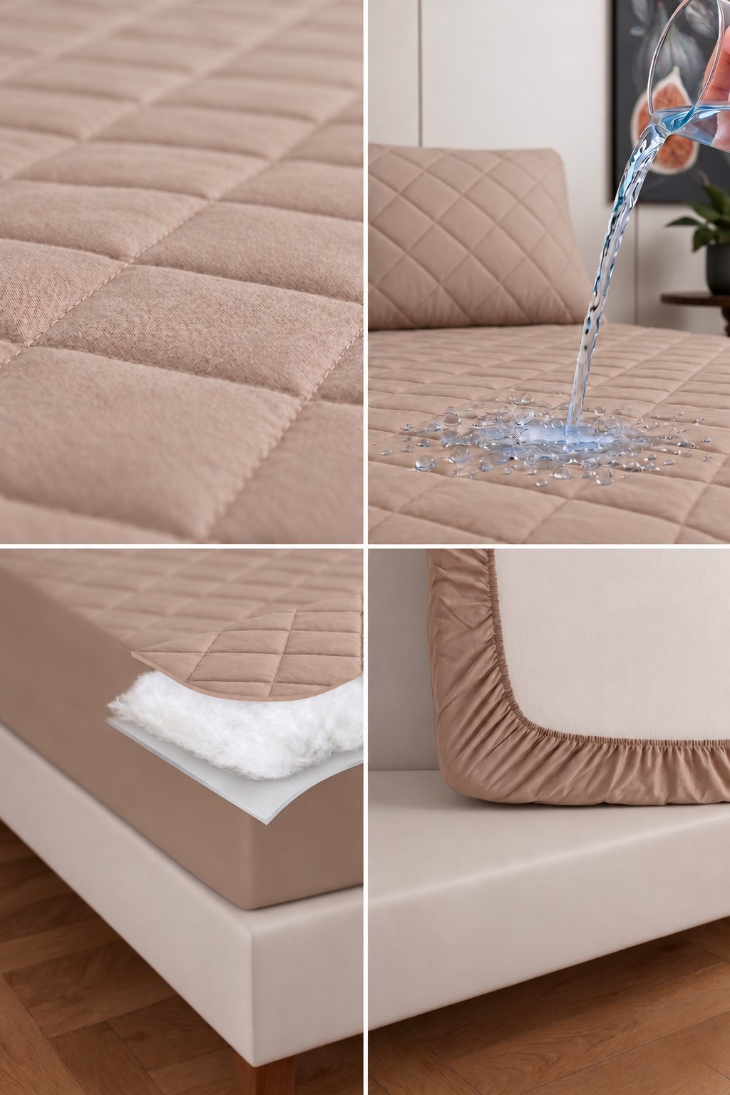 Protection de matelas matelassée Premium Beige % coton, ajustée, bord complet, imperméable à l'eau, toutes tailles