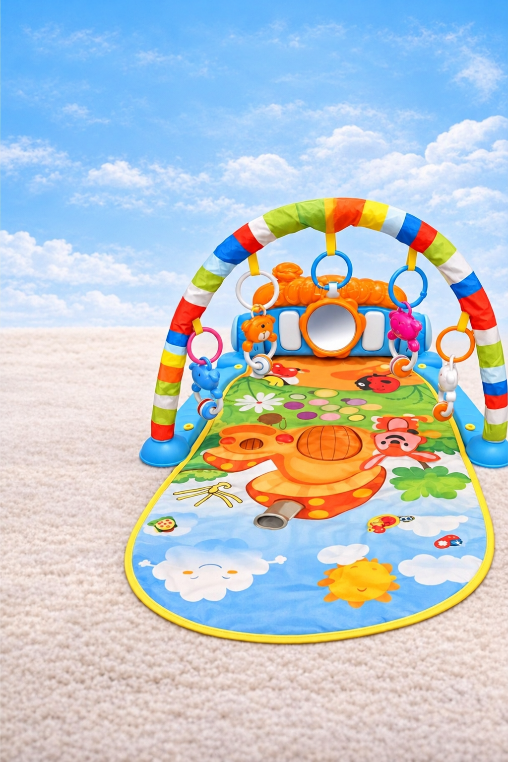 Tapis de jeu pour bébé avec motifs de champignons et piano – 0+ mois, tapis de développement lumineux et musical avec figures d'animaux